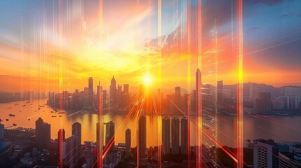 Poster - Vibrant City Skyline at Sunset with Light Effects