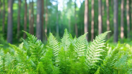 Wall Mural - Lush Green Ferns in a Sunlit Forest   Nature Background