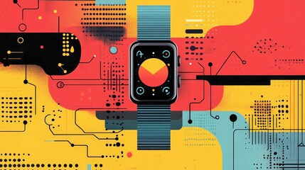 Wall Mural - Retro Graphic Minimalism: Playful Fitness Trackers Illustration in Bold Black Outlines on Color Base Background