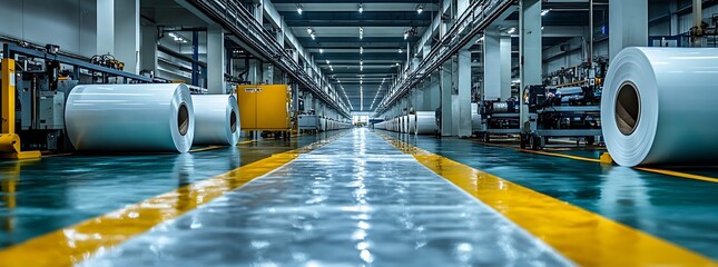 Interior of a modern factory for the production of rolled paper. Industrial metal rolling mill interior.