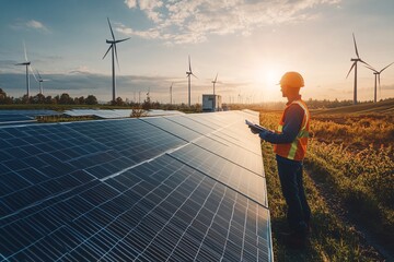 Renewable energy technician maintaining solar panels arrays and wind turbines in a forward-thinking urban environment