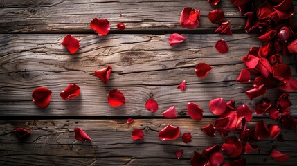 Sticker - Red Rose Petals on Rustic Wooden Surface