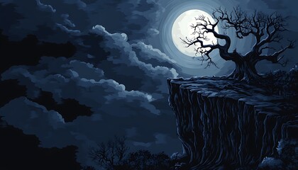 Sticker - Silhouetted Tree on a Clifftop Under a Full Moon