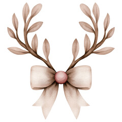 Wall Mural - White Christmas bow with reindeer antlers and greenery in festive clipart on a transparent background