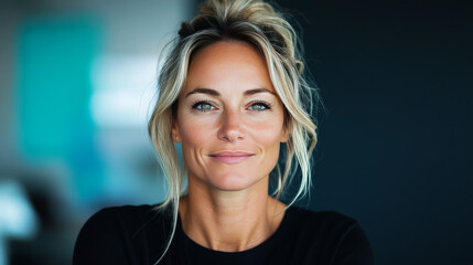 Wall Mural - A woman with blonde hair and green eyes smiles softly at the camera.