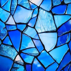 Fragment of broken blue stained-glass window. Macro photo, generative ai