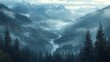 © Paul - A mystical scene of a ring of pine trees on a foggy mountainside, framing a dreamlike valley with softly glowing rivers and distant mountains.