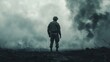 © putri syakilla - A soldier stands amidst smoke and destruction, evoking themes of war and resilience.