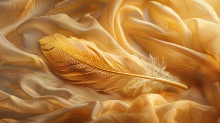 Wall Mural - Elegant Golden Feather on Soft Yellow Fabric