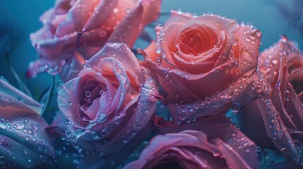 Poster - Fresh Pink Roses with Water Drops in Soft Light