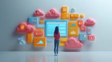 Wall Mural - Woman Interacting with Cloud Computing Interface