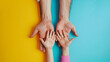 © ovid - Top view of parents and kid holding empty hands on colored background