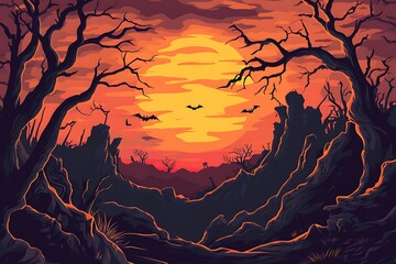 Sticker - Spooky Sunset Landscape with Bat Silhouettes