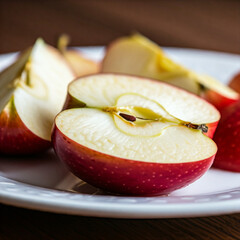 Wall Mural - sliced apple on a plate. red apple on a plate. close up of slice of apple in a plate. tasty delicious healthy food slice of apple in plate.