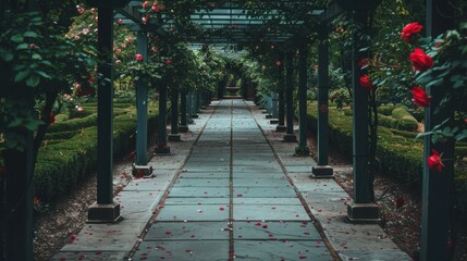 Wall Mural - Tranquil Garden Pathway Surrounded by Roses