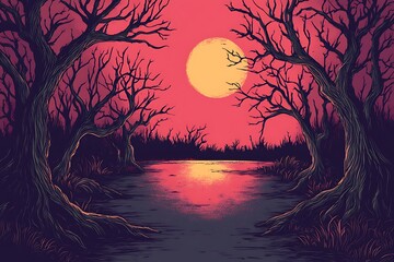 Sticker - Silhouettes of Trees by a Moonlit Lake