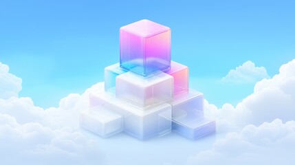 Poster - Abstract Glass Cubes Stacked in Clouds  Pastel Colors  3D Render