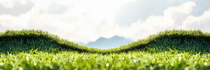 Wall Mural - Green grass with a blurry background of hills and a white, cloudy sky.