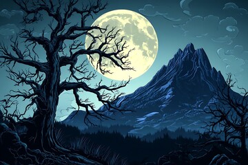 Sticker - Nighttime Mountain Landscape with Full Moon and Dead Tree