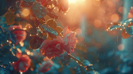 Sticker - Blossoming Roses with Raindrops and Soft Sunset Light