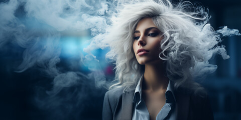 Wall Mural - A beautiful woman with long silver hair wearing a black suit