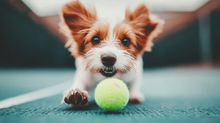 Sticker - A small, white and brown dog with big ears looks up at the camera with a tennis ball in front of it.