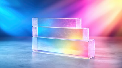 Canvas Print - Abstract Glass Blocks Display Platform with Rainbow Gradient Background