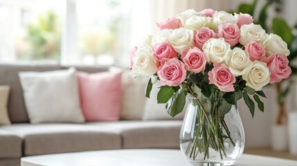 Poster - A soft pink and white rose arrangement in a clear vase, sitting gracefully in a bright and cozy living room,