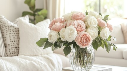 Poster - A soft pink and white rose arrangement in a clear vase, sitting gracefully in a bright and cozy living room,