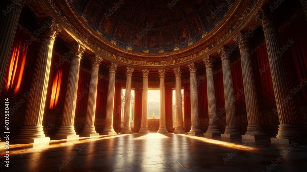 Senators in ancient Rome seated in a circle, grandiose hall with ...