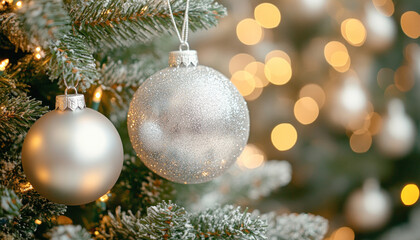 Wall Mural - Silver christmas ornaments hanging on a snow covered christmas tree