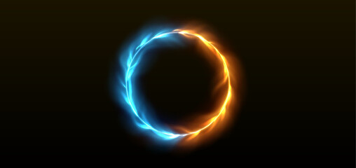 Wall Mural - spin yellow and blue fire ring with neon glowing tongues of flame and sparks for vs competition bann