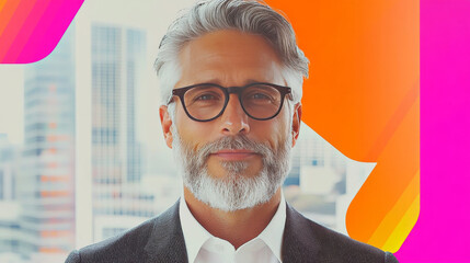 Sticker - Smiling businessman with a white beard and grey hair wearing a suit and glasses.