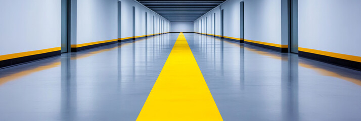 Poster - A long, empty hallway with a yellow line down the center.