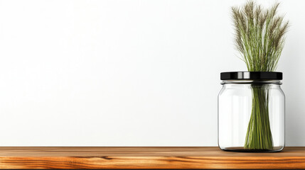 Poster - A glass jar with a black lid filled with green grass sits on a wooden table against a white wall.