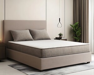 A stylish bedroom with a comfortable bed, luxurious bedding, soft lighting, modern furniture, and a soothing color palette