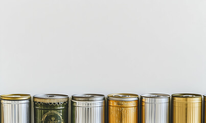 Canvas Print - A row of six aluminum cans in different colors and designs against a white background, leaving plenty of copy space above.