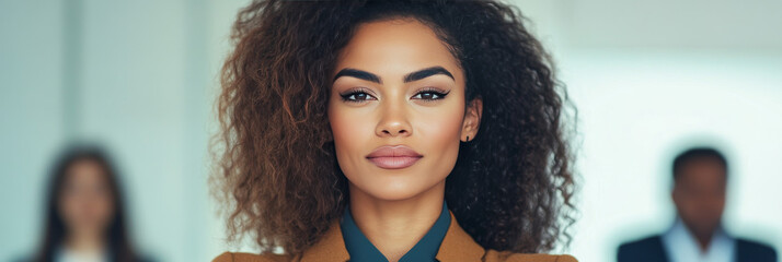 Poster - Confident businesswoman with curly hair looks directly at the camera.