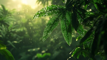 Sticker - A single green leaf with water droplets glistening in the sunlight, with a blurred background of foliage.