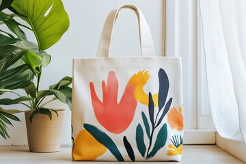 Wall Mural - Colorful hand-painted tote bag with floral design