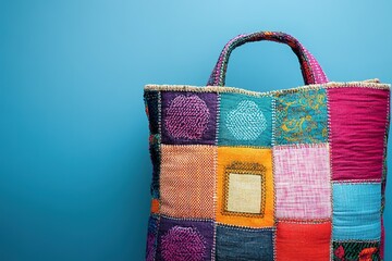 Wall Mural - Colorful patchwork tote bag against blue background