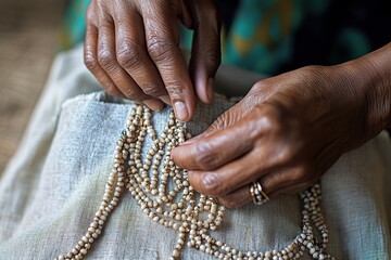 Wall Mural - Close-up of hands sewing beads on fabric.