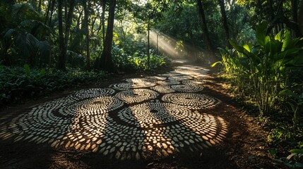 Wall Mural - a stone path through a lush, tropical forest with sunbeams shining through the trees.