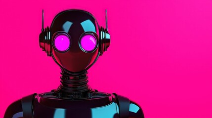 Canvas Print - Futuristic Robot with Pink Eyes and Neon Lights   AI  Technology  Digital Art