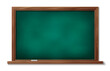 © klyaksun - Green school board with brown wooden frame and chalk. Realistic 3d vector illustration of education and teaching element for back to school concept. Blank chalkboard mockup for writing message.