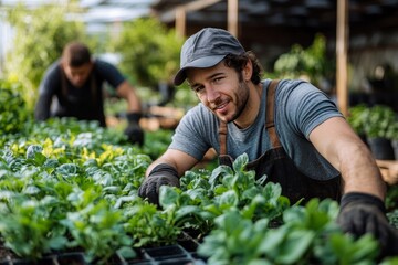 Coworkers working in plant nursery, Generative AI