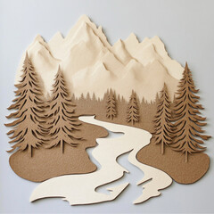 Wall Mural - an abstract image in beige with limited details of a forest, mountain, river and trees cut out