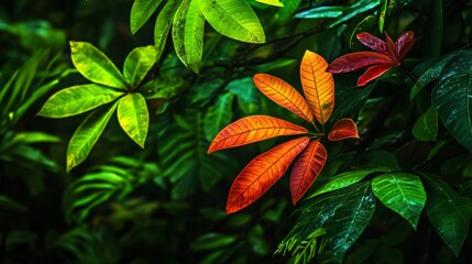 Wall Mural - a vibrant red leaf with green leaves as a backdrop.