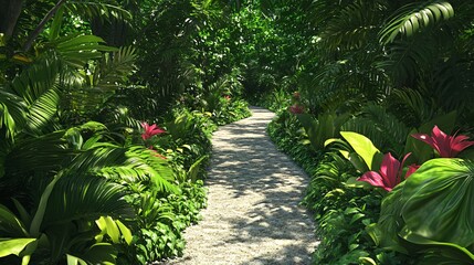 Wall Mural - a winding stone pathway through a lush, tropical jungle with vibrant foliage and pink flowers.