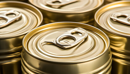 Canvas Print - Close-up of golden aluminum beverage cans with pull tabs, arranged in a row.